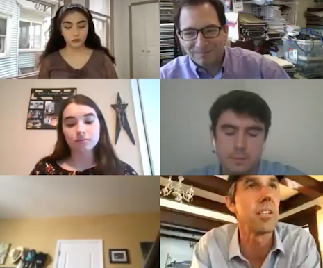 Lila (top left) joins Boston Globe journalist John Vitti (top right), several other student journalists and O’Rourke (bottom right) to talk politics and more.