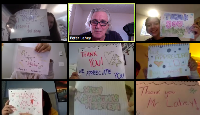 Students in Laheys (top center) AP History class, including Kaylin Seward (top left) and Jackelyne Abranches (top right), show their appreciation through posters and turning on their Zoom cameras shortly before holiday vacation.