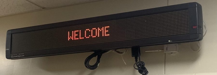 The electronic marquee in the EHS cafeteria stands ready to greet students of all grade levels tomorrow for the first time in 14 months. 
