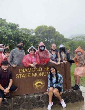 Our group making the best of the rain at Diamond Head State Monument