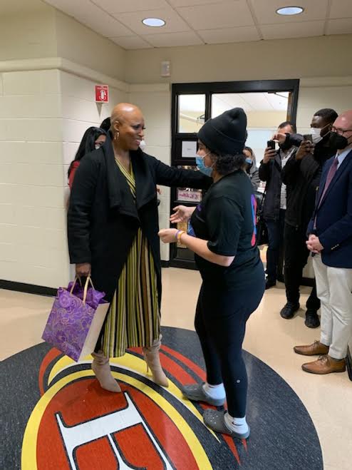 Congresswoman Ayanna Pressley greets senior Sarai Velez at EHS on April 14 and thanks her for organizing the Children With Hair Loss charity event and drawing attention to the cause