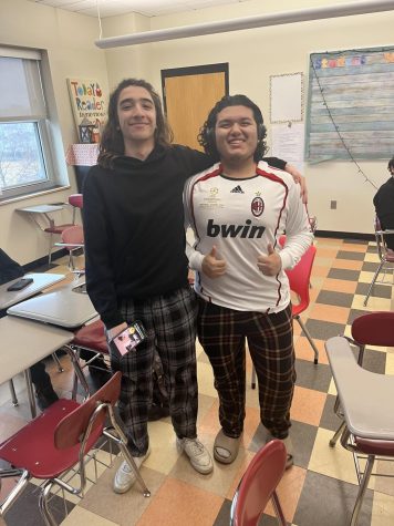 Juniors Sam Boseti (left) and Edwin Tejeda, among many other students on a daily basis, enjoy the comfort of pajama pants.