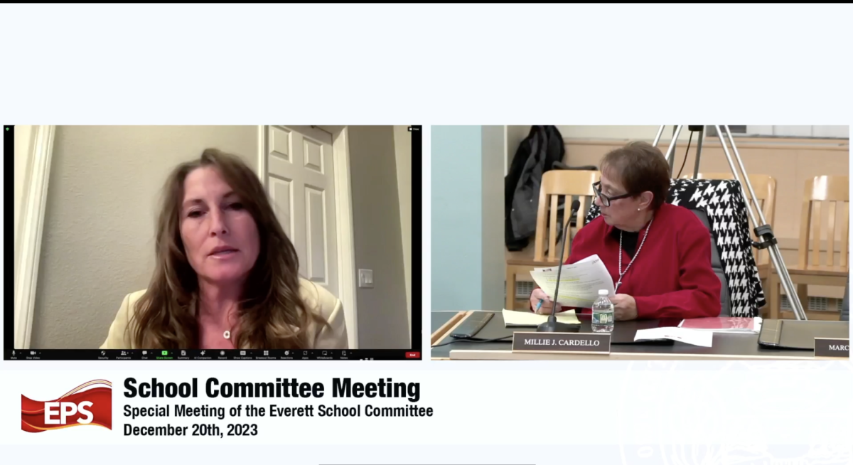 Dr. Kimberly Fricker (left), one of the EPS superintendent finalists, responds to a question from School Committee member Millie J. Cardello (right).