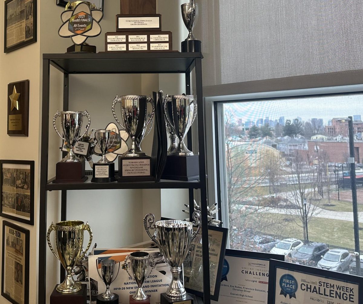 An impressive array of the many awards earned by the STEM Club can be viewed on display in adviser Anna Seiders classroom