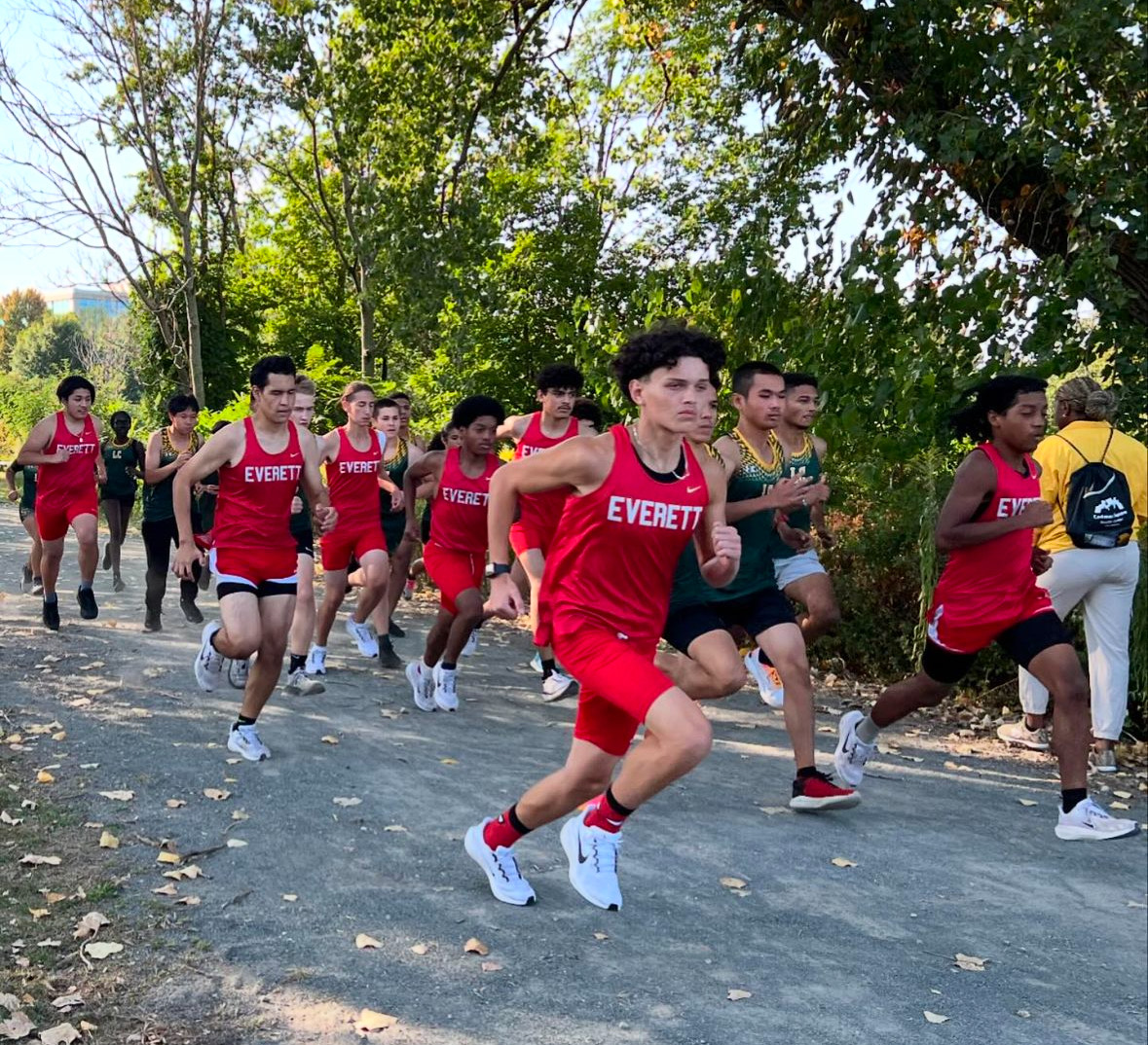 Cross country team starts the season with a strong showing and overall victory.  From left to right here, David Huezo-Erazo, Jeremy Whitlow, Lucas Nunez, Anthony Whitlow, Carlos Pagan Landeo, Dominico Delle Rose, and Bryan Lewis set the pace.