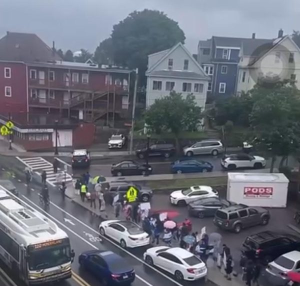 Protesters walk down Ferry Street for the No Kings Protest at noon on Saturday, June 14.