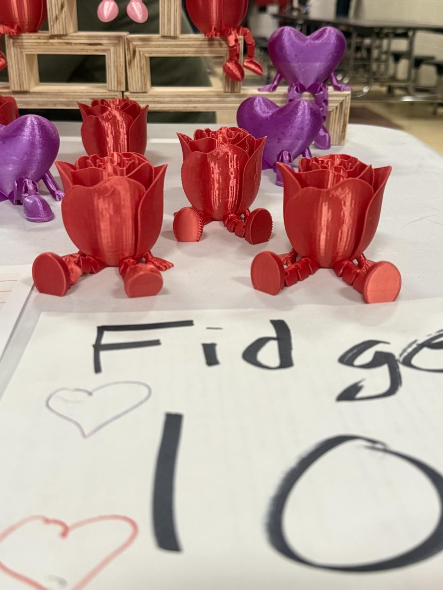 3D-printed Valentine's buddies, made by the Advanced Manufacturing class