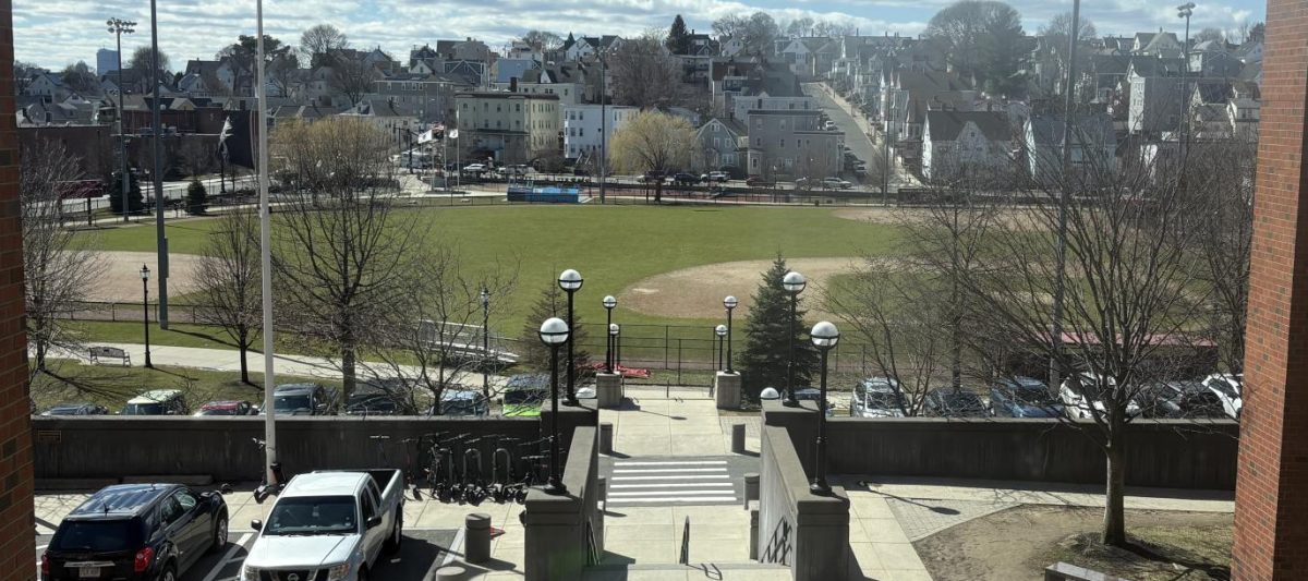 The green field outside of the school.