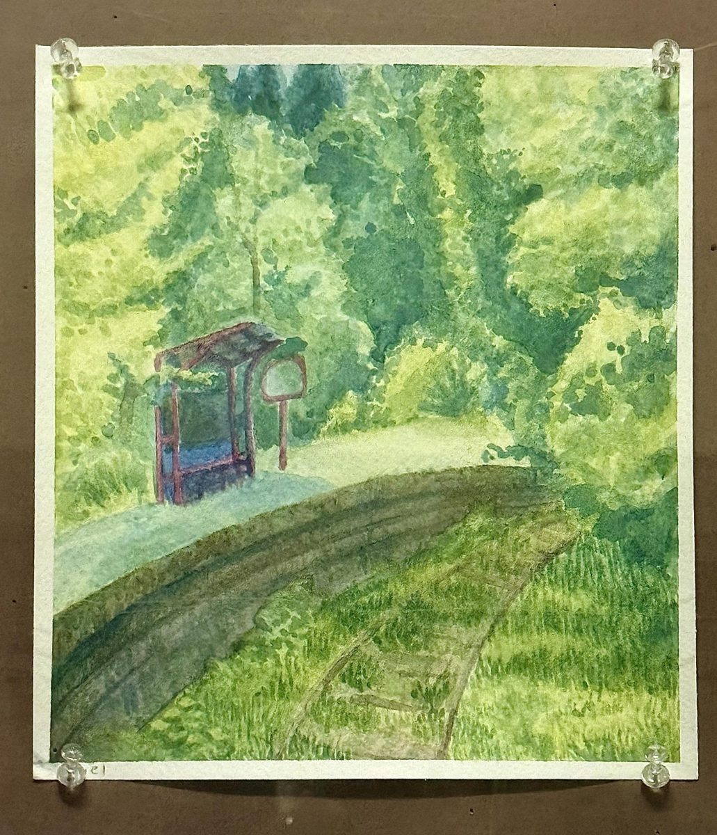 Scenic watercolor piece from Student Spotlight Wall