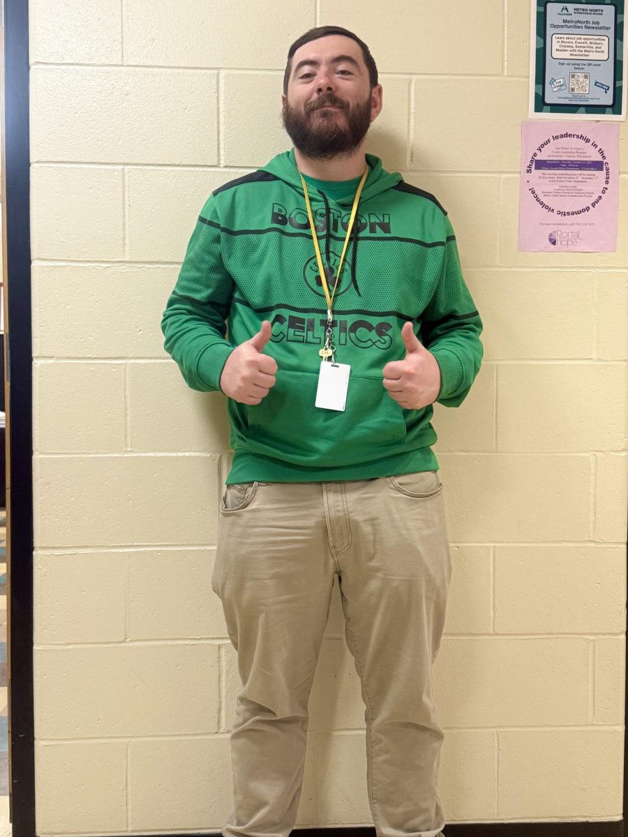 History teacher Mr. Cunningham rocking in a Boston Celtics hoodie