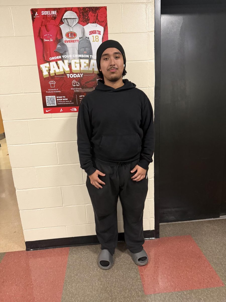 Senior Miguel Lopez rocking an Old Navy hoodie, with Nike sweatpants, and a beanie from Columbia in the EHS hallways.