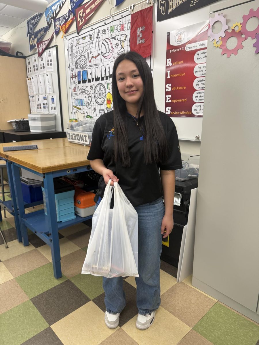 Sophomore Ashley Caudillo carrying around a plastic bag for anything but a backpack day. 