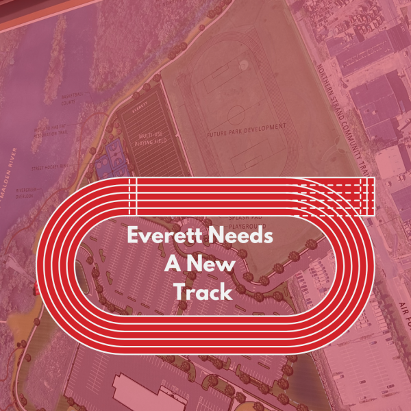 In background: City of Everett's mockup of the design plans for a track which is posted by Rivergreen Park