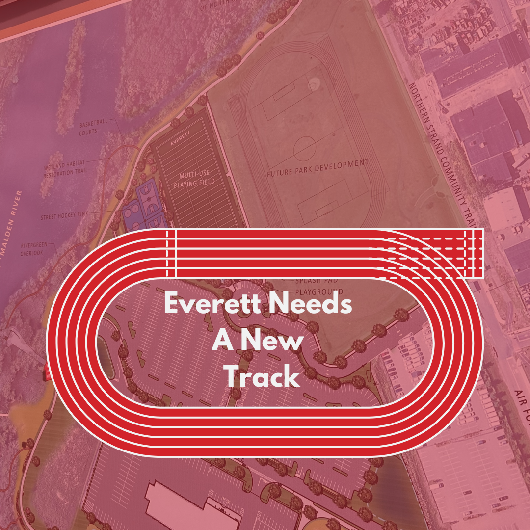 In background: City of Everett's mockup of the design plans for a track which is posted by Rivergreen Park